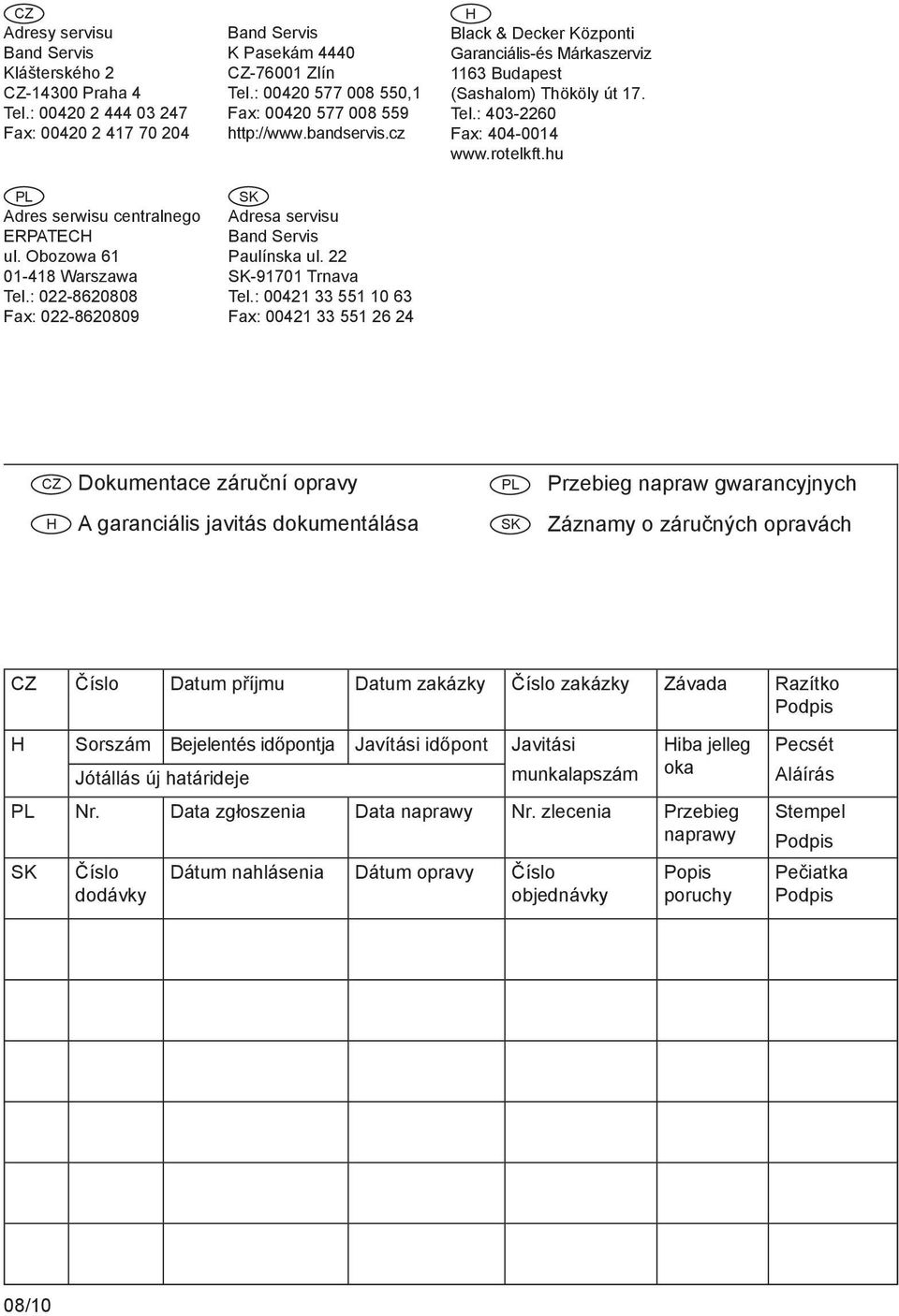 22 SK-91701 Trnava Tel.: 00421 33 551 10 63 Fax: 00421 33 551 26 24 H Black & Decker Központi Garanciális-és Márkaszerviz 1163 Budapest (Sashalom) Thököly út 17. Tel.: 403-2260 Fax: 404-0014 www.