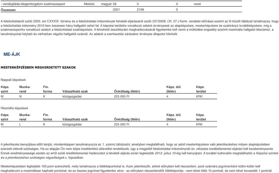 rendelet előírásai szerint az itt közölt táblázat tartalmazza, hogy a felsőoktatási intézmény 2012-ben összesen hány hallgatót vehet fel.