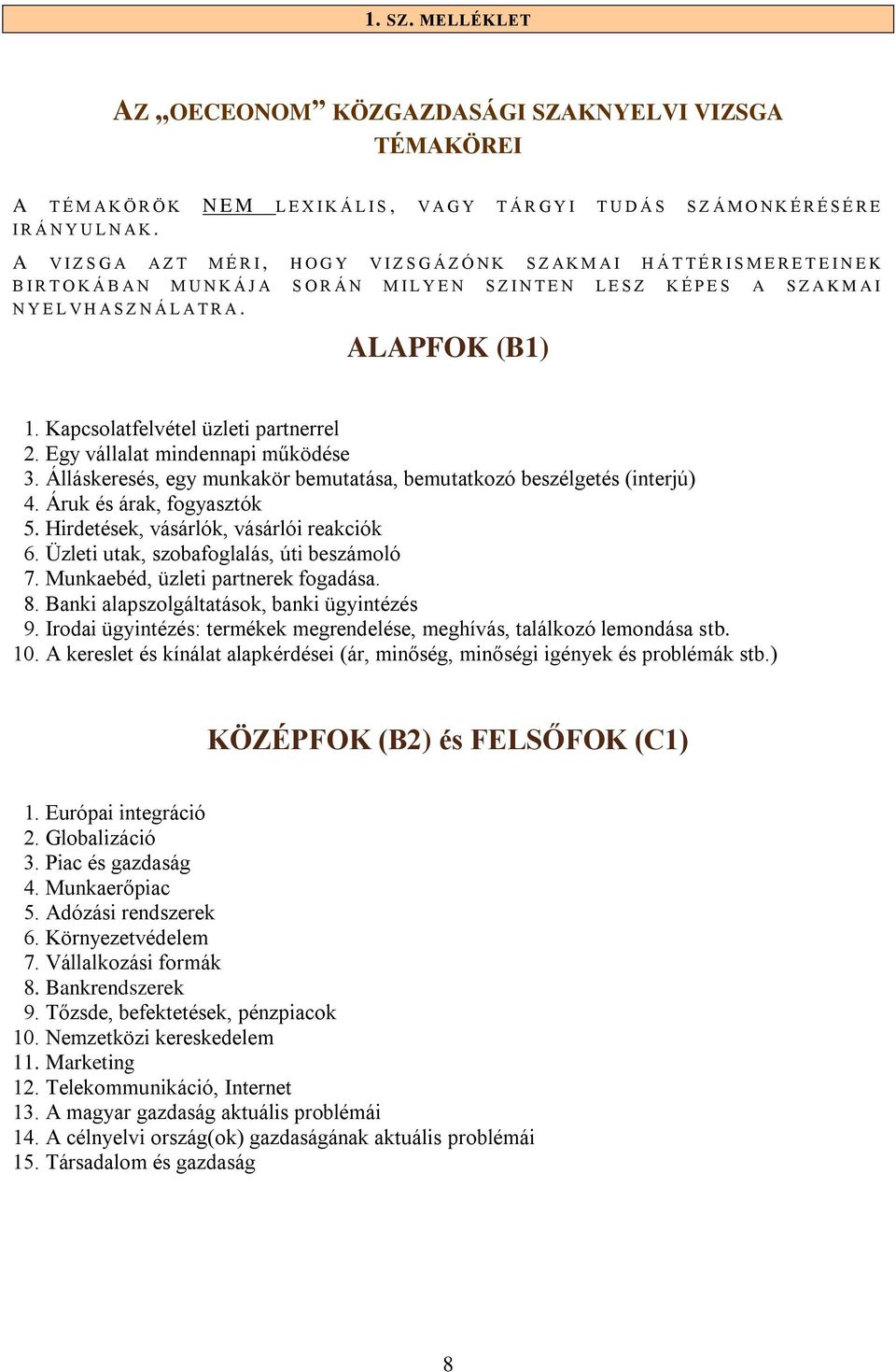 Z A K M A I N Y E L V H A S Z N Á L A T R A. ALAPFOK (B1) 1. Kapcsolatfelvétel üzleti partnerrel 2. Egy vállalat mindennapi működése 3.