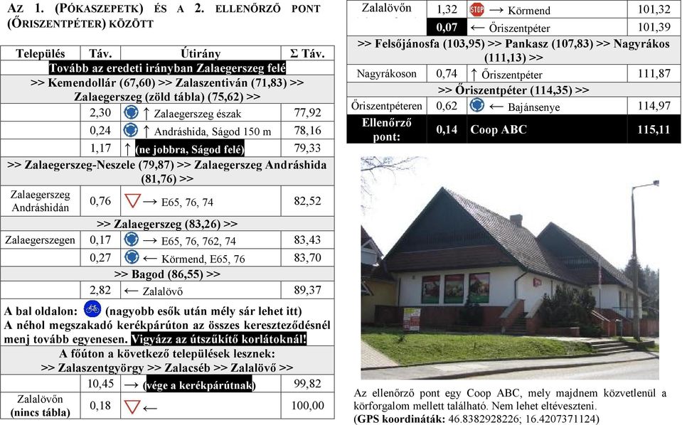 1,17 (ne jobbra, Ságod felé) 79,33 >> Zalaegerszeg-Neszele (79,87) >> Zalaegerszeg Andráshida (81,76) >> Zalaegerszeg 0,76 Andráshidán E65, 76, 74 82,52 >> Zalaegerszeg (83,26) >> Zalaegerszegen 0,17