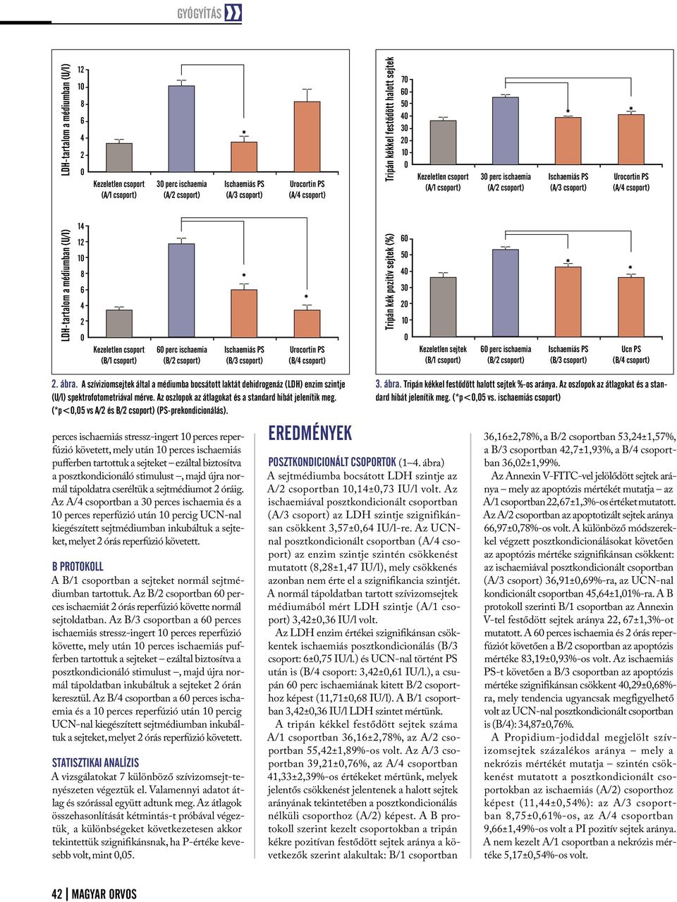 Az oszlopok az átlagokat és a standard hibát jelenítik meg. (*p<,5 vs A/ és B/ csoport) (PS-prekondicionálás).