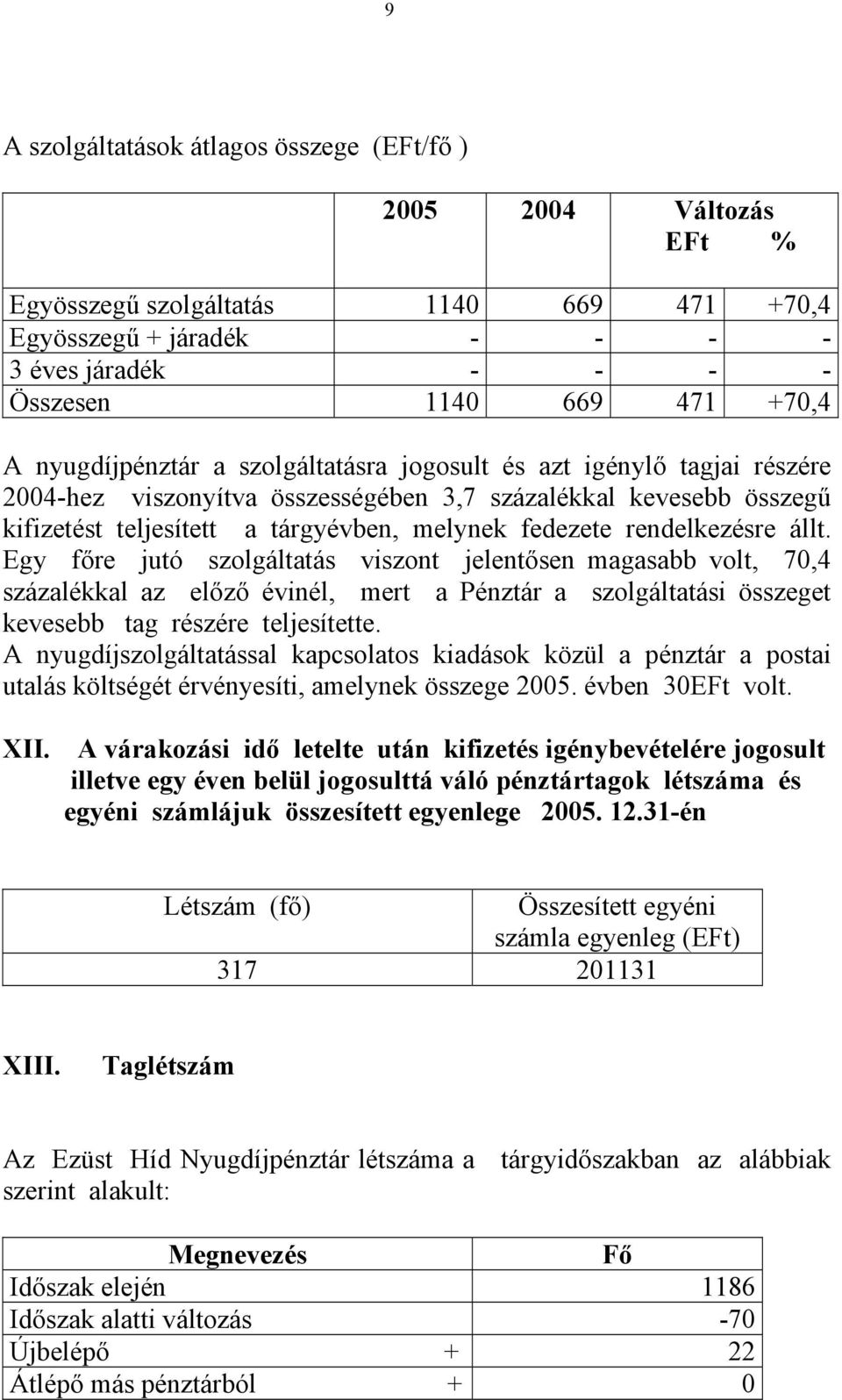 rendelkezésre állt. Egy főre jutó szolgáltatás viszont jelentősen magasabb volt, 70,4 százalékkal az előző évinél, mert a Pénztár a szolgáltatási összeget kevesebb tag részére teljesítette.