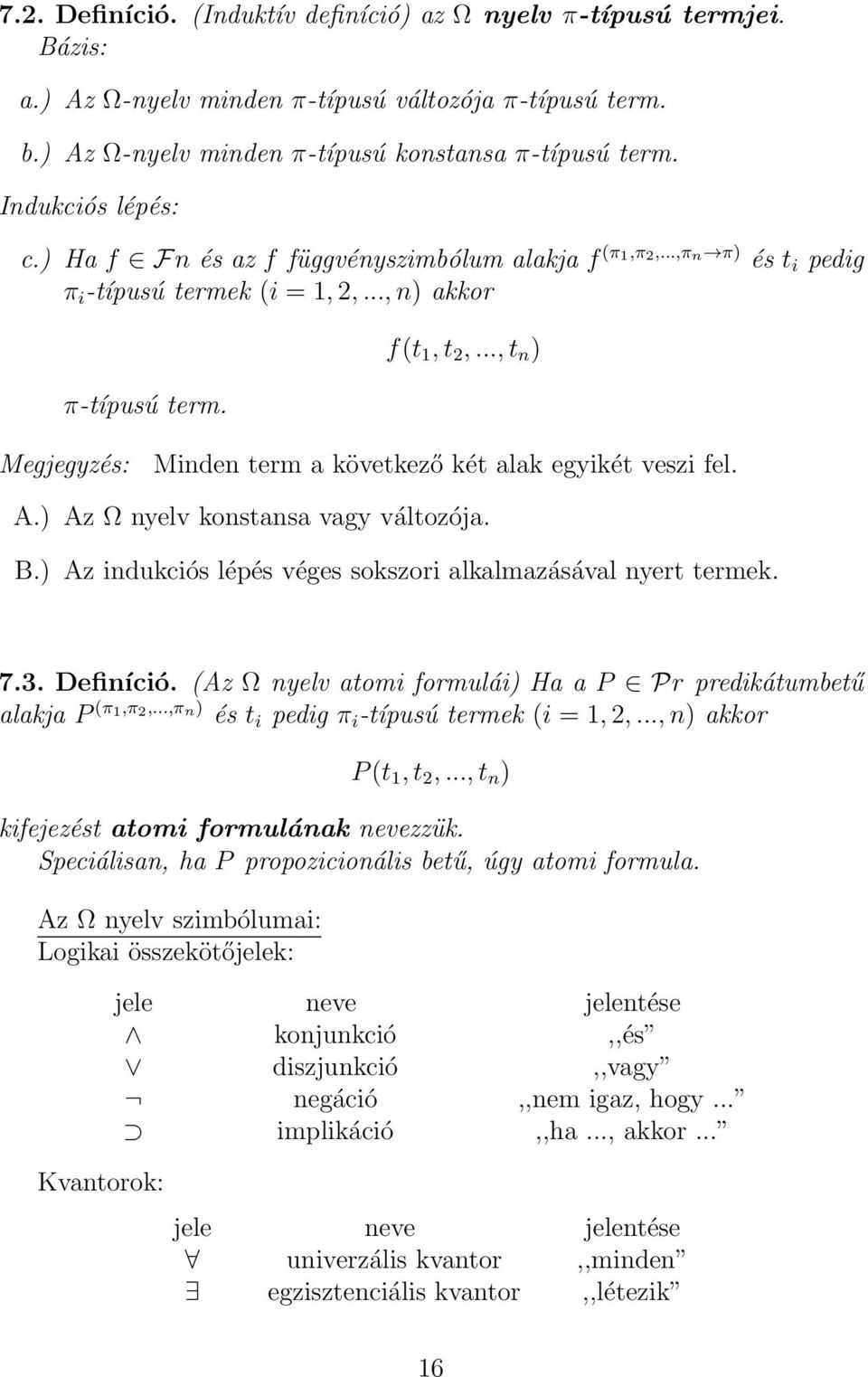 .., t n ) Megjegyzés: Minden term a következő két alak egyikét veszi fel. A.) Az Ω nyelv konstansa vagy változója. B.) Az indukciós lépés véges sokszori alkalmazásával nyert termek. 7.3. Definíció.