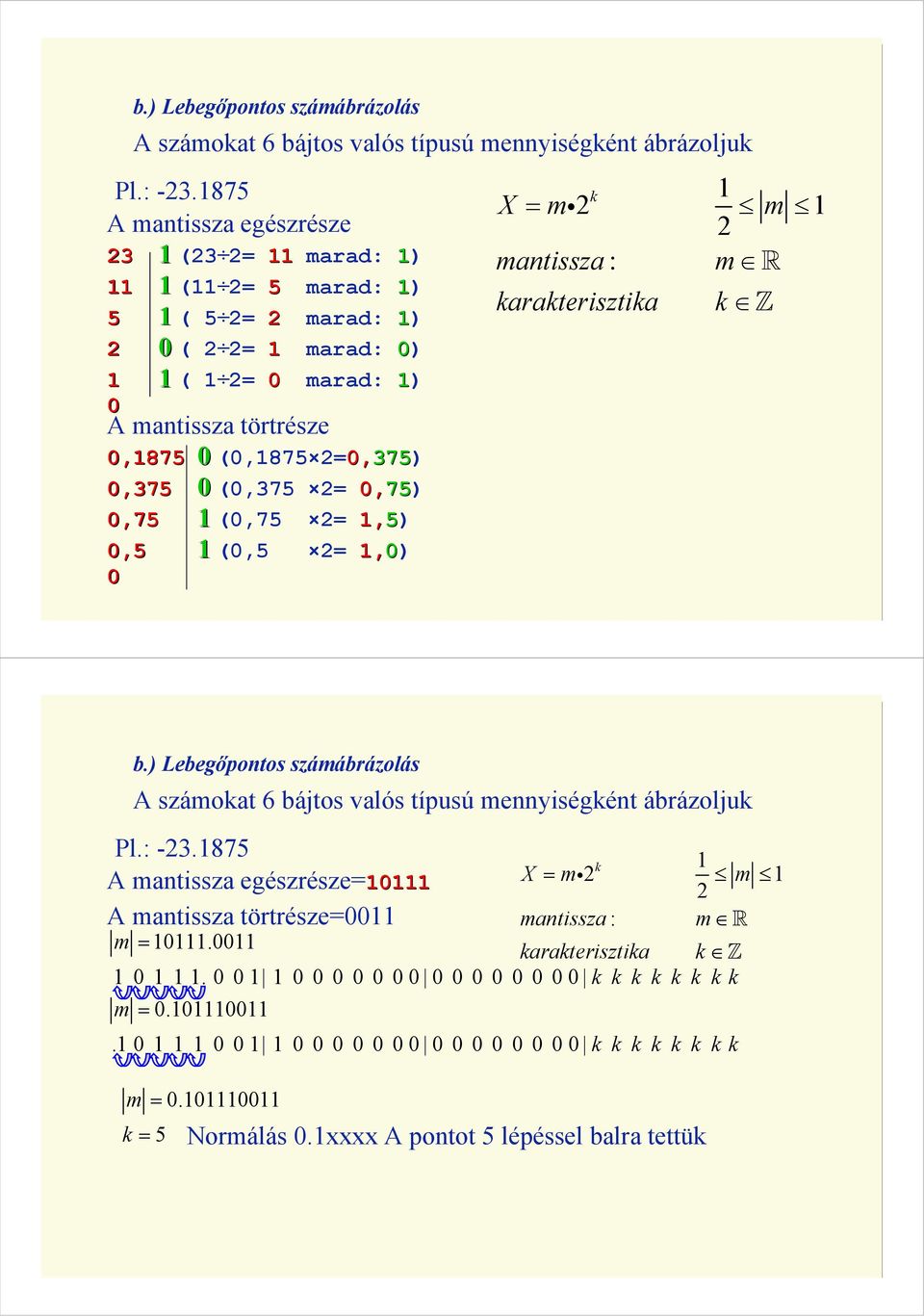 0 (0,375 2= 0,75 75) 0,75 1 (0,75 2= 1,5) 0,5 1 (0,5 2= 1,0) 0 k 1 X = mi2 m 1 2 mantissza : m R karakterisztika k Z 1875 A mantissza egészrésze=10111 A mantissza törtrésze=0011 k 1 X = mi2 m 1 2