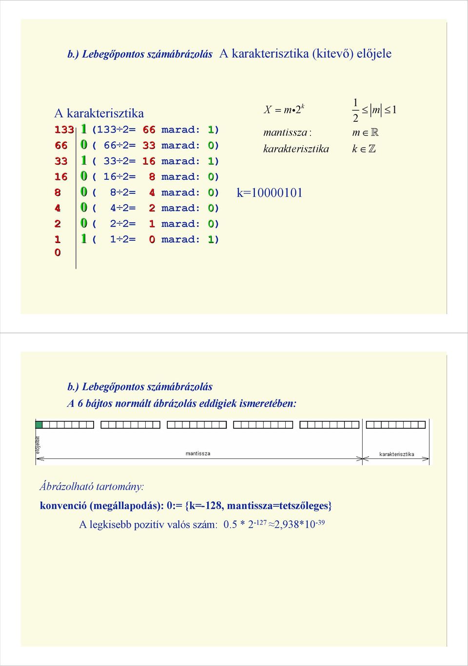 mi2 m 1 2 mantissza : m R karakterisztika k Z k=10000101 b.