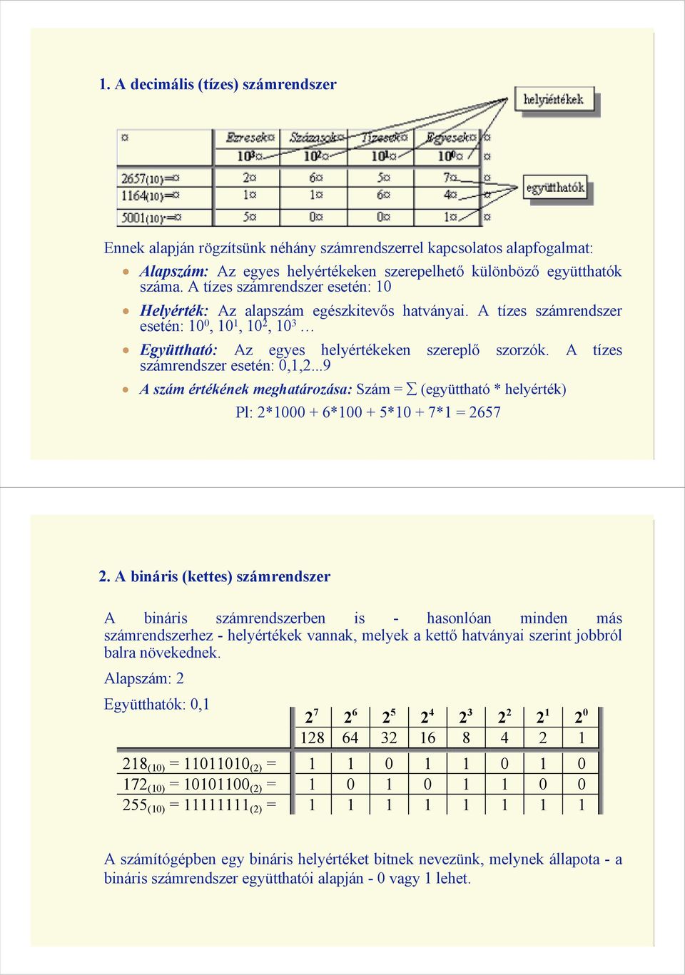 A tízes számrendszer esetén: 0,1,2...9 A szám értékének meghatározása: Szám = (együttható * helyérték) Pl: 2*1000 + 6*100 + 5*10 + 7*1 = 2657 2.