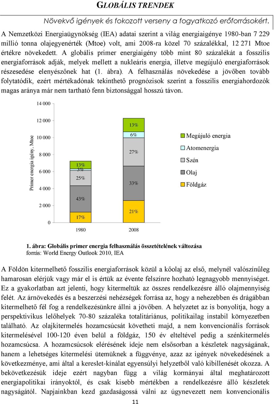 A globális primer energiaigény több mint 80 százalékát a fosszilis energiaforrások adják, melyek mellett a nukleáris energia, illetve megújuló energiaforrások részesedése elenyészőnek hat (1. ábra).