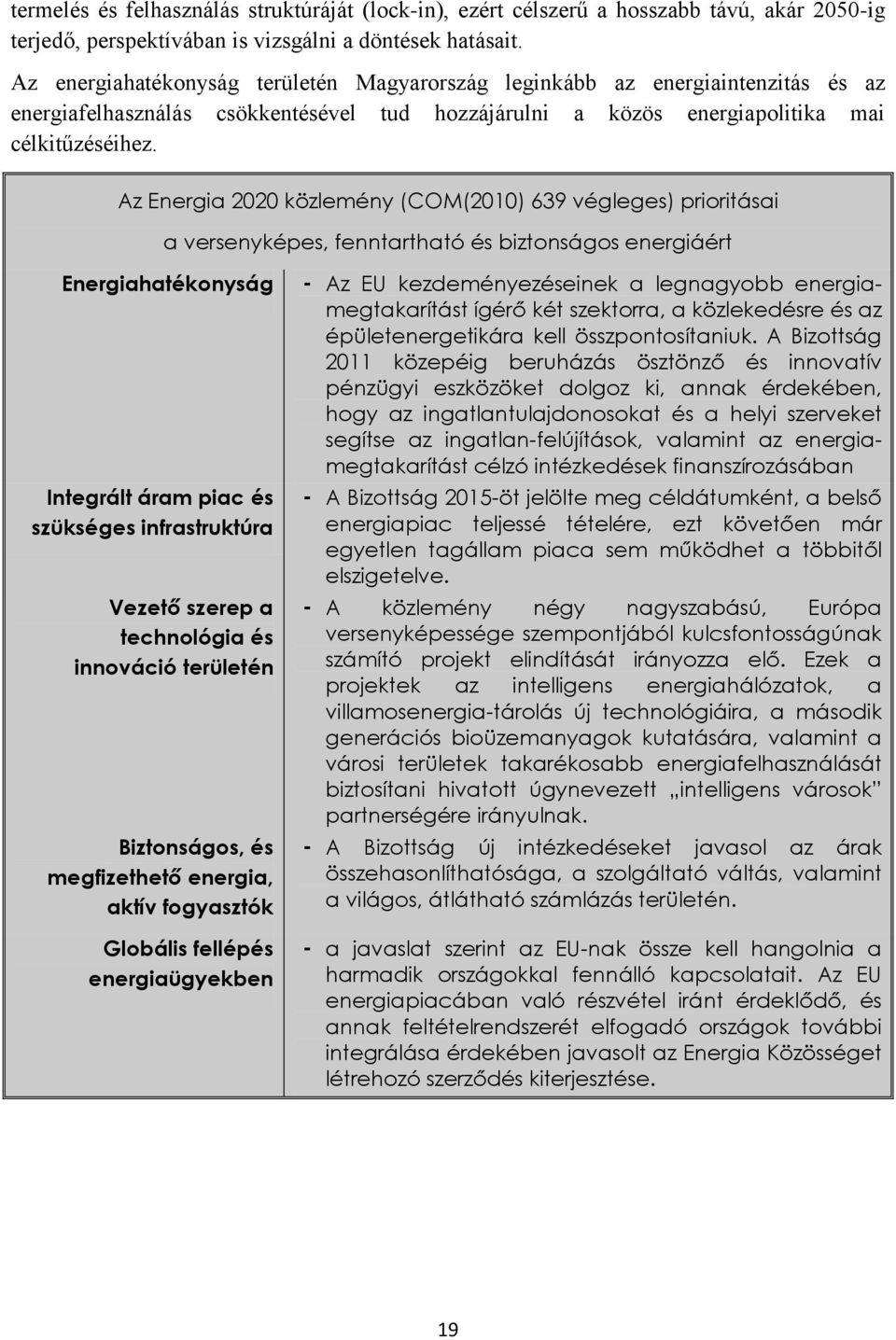 Az Energia 2020 közlemény (COM(2010) 639 végleges) prioritásai a versenyképes, fenntartható és biztonságos energiáért Energiahatékonyság Integrált áram piac és szükséges infrastruktúra Vezető szerep