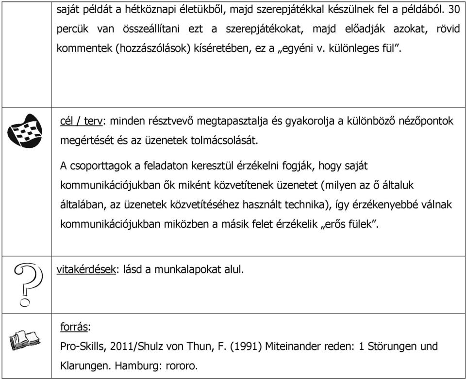 cél / terv: minden résztvevő megtapasztalja és gyakorolja a különböző nézőpontok megértését és az üzenetek tolmácsolását.