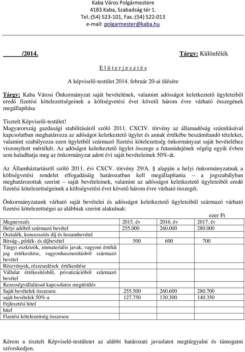 összegének megállapítása Tisztelt Képviselő-testület! Magyarország gazdasági stabilitásáról szóló 2011. CXCIV.