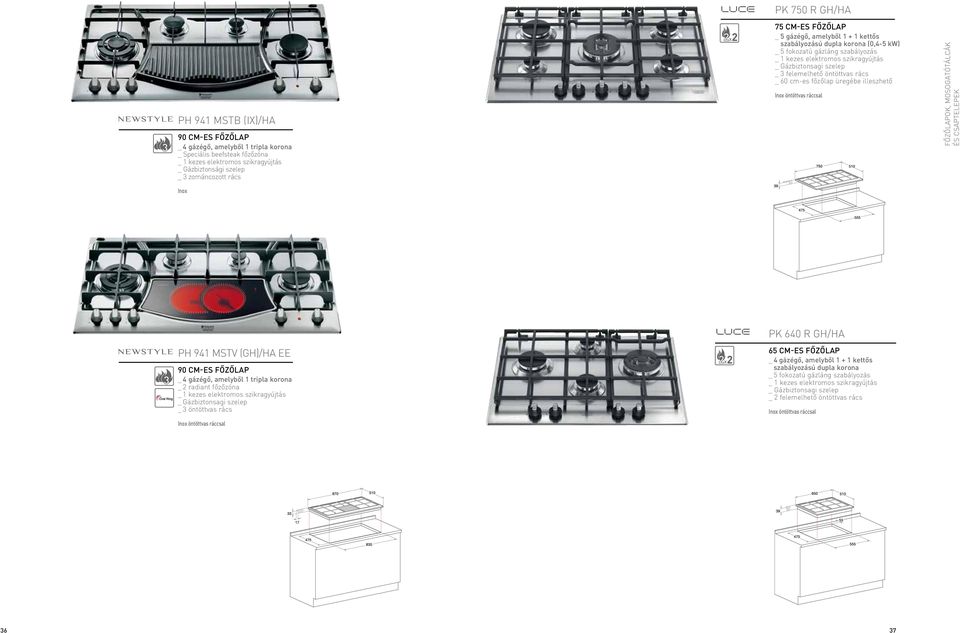 _ 60 cm-es főzőlap üregébe illeszhető öntöttvas ráccsal Főzőlapok, mosogatótálcák és csaptelepek PH 94 MSTV (GH)/HA EE 90 cm-es főzőlap _ 4 gázégő, amelyből tripla korona _ 2 radiant főzőzóna _ kezes