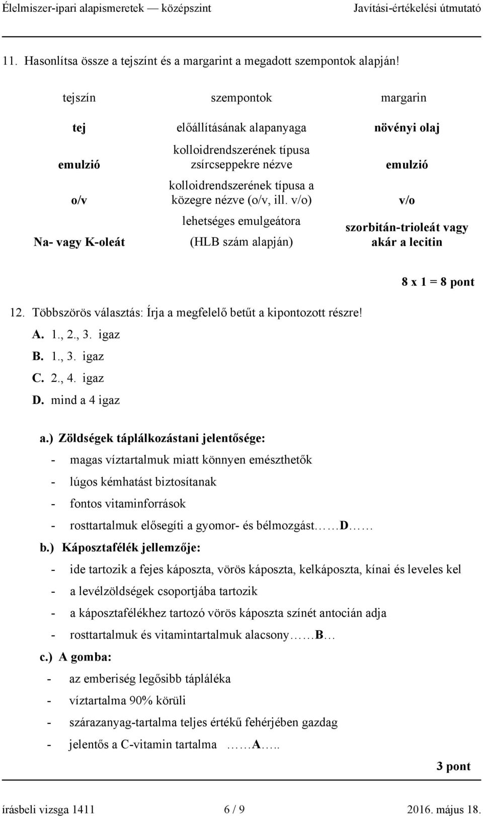 v/o) lehetséges emulgeátora (HLB szám alapján) emulzió v/o szorbitán-trioleát vagy akár a lecitin 8 x 1 = 8 pont 1. Többszörös választás: Írja a megfelelő betűt a kipontozott részre! A. 1.,., 3.