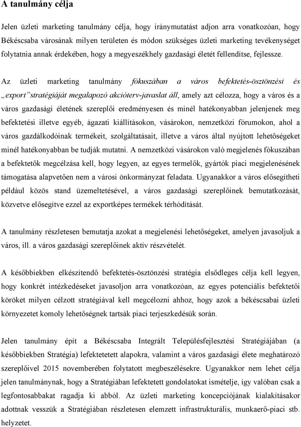 Az üzleti marketing tanulmány fókuszában a város befektetés-ösztönzési és export stratégiáját megalapozó akcióterv-javaslat áll, amely azt célozza, hogy a város és a város gazdasági életének