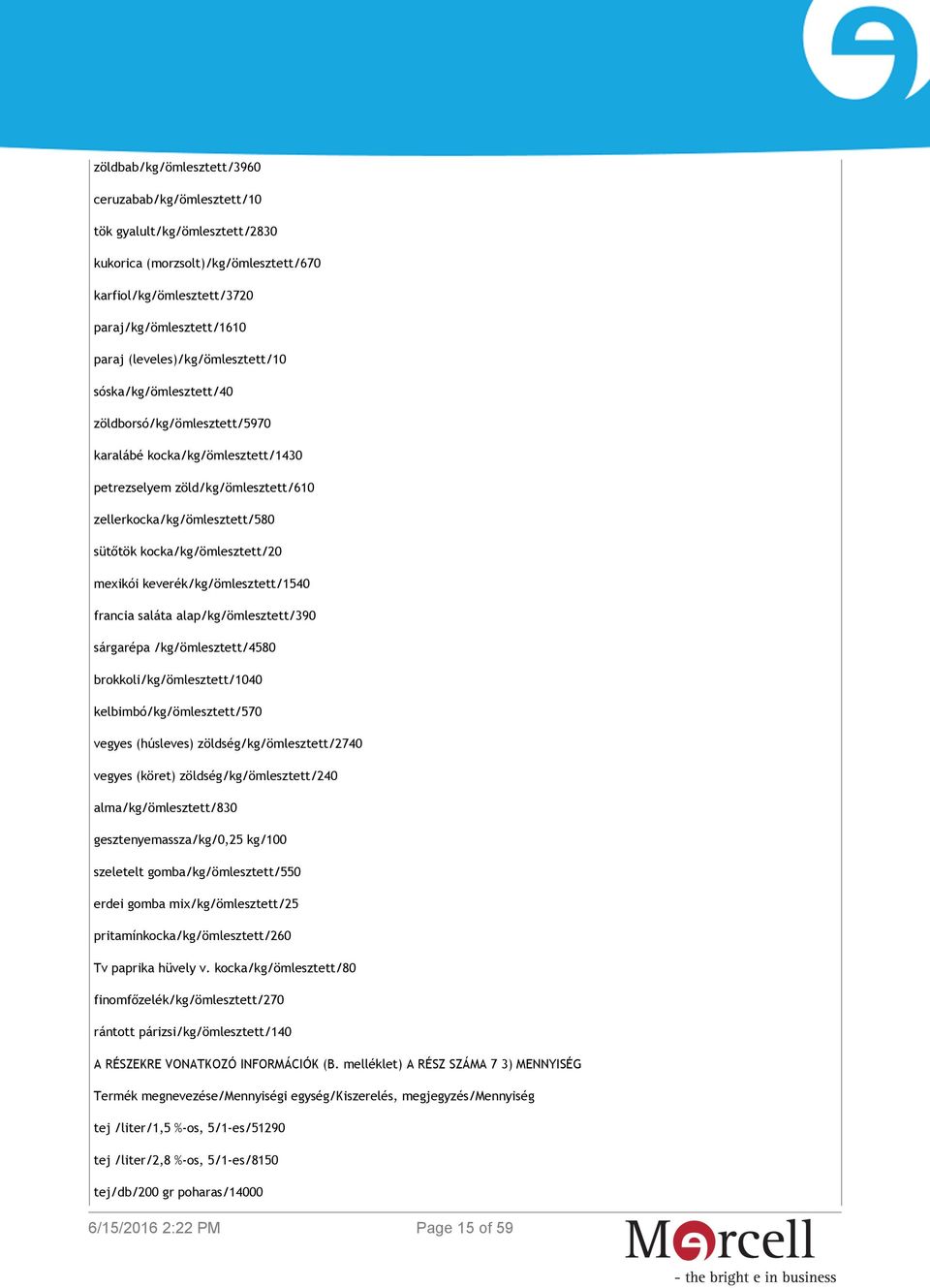 kocka/kg/ömlesztett/20 mexikói keverék/kg/ömlesztett/1540 francia saláta alap/kg/ömlesztett/390 sárgarépa /kg/ömlesztett/4580 brokkoli/kg/ömlesztett/1040 kelbimbó/kg/ömlesztett/570 vegyes (húsleves)