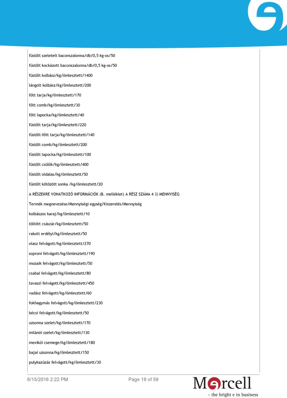 csülök/kg/ömlesztett/400 füstölt oldalas/kg/ömlesztett/50 füstölt kötözött sonka /kg/ömlesztett/20 A RÉSZEKRE VONATKOZÓ INFORMÁCIÓK (B.