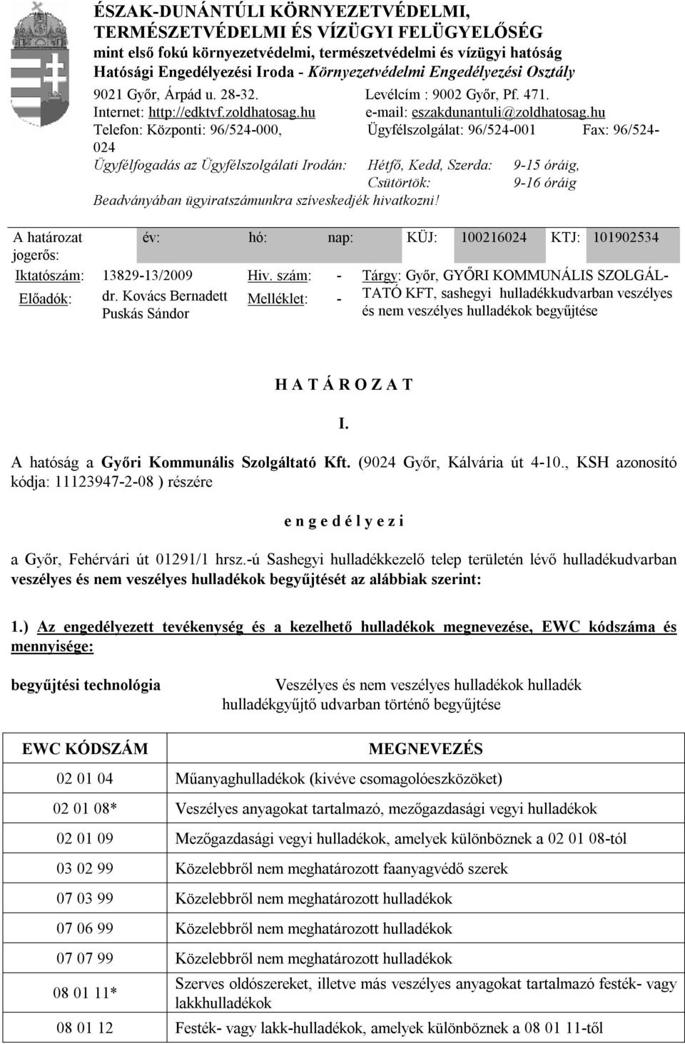 hu Telefon: Központi: 96/524-000, Ügyfélszolgálat: 96/524-001 Fax: 96/524-024 Ügyfélfogadás az Ügyfélszolgálati Irodán: Hétfő, Kedd, Szerda: 9-15 óráig, Csütörtök: 9-16 óráig Beadványában