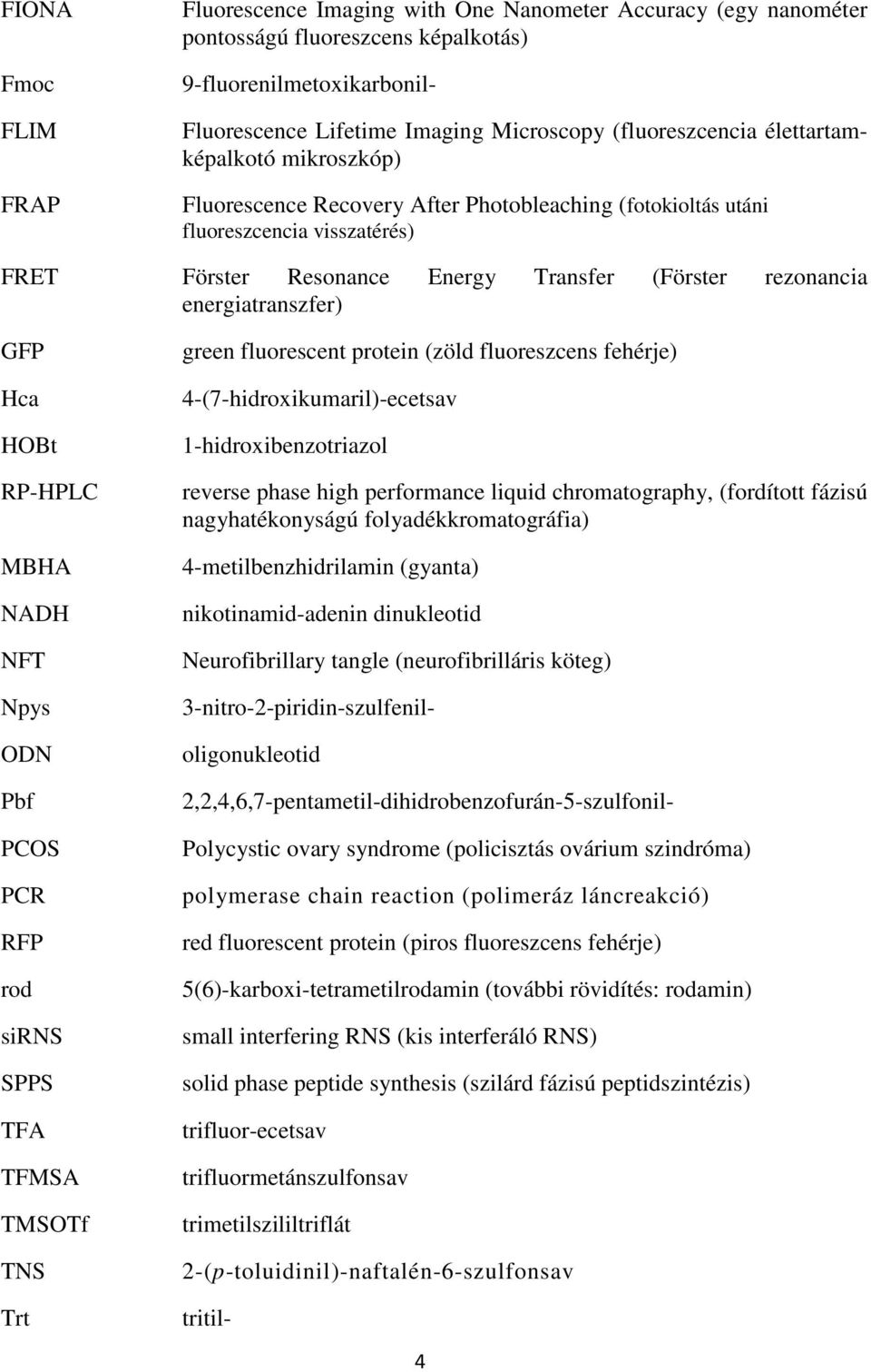 energiatranszfer) GFP Hca HOBt RP-HPLC MBHA NADH NFT Npys ODN Pbf PCOS PCR RFP rod sirns SPPS TFA TFMSA TMSOTf TNS green fluorescent protein (zöld fluoreszcens fehérje) 4-(7-hidroxikumaril)-ecetsav