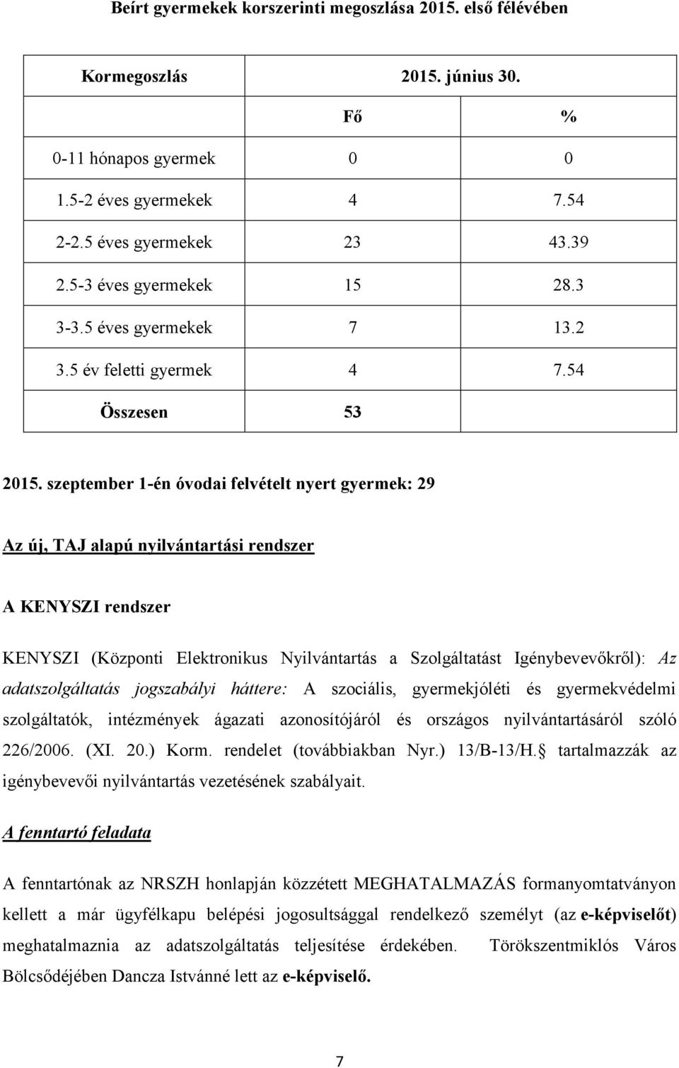 szeptember 1-én óvodai felvételt nyert gyermek: 29 Az új, TAJ alapú nyilvántartási rendszer A KENYSZI rendszer KENYSZI (Központi Elektronikus Nyilvántartás a Szolgáltatást Igénybevevőkről): Az