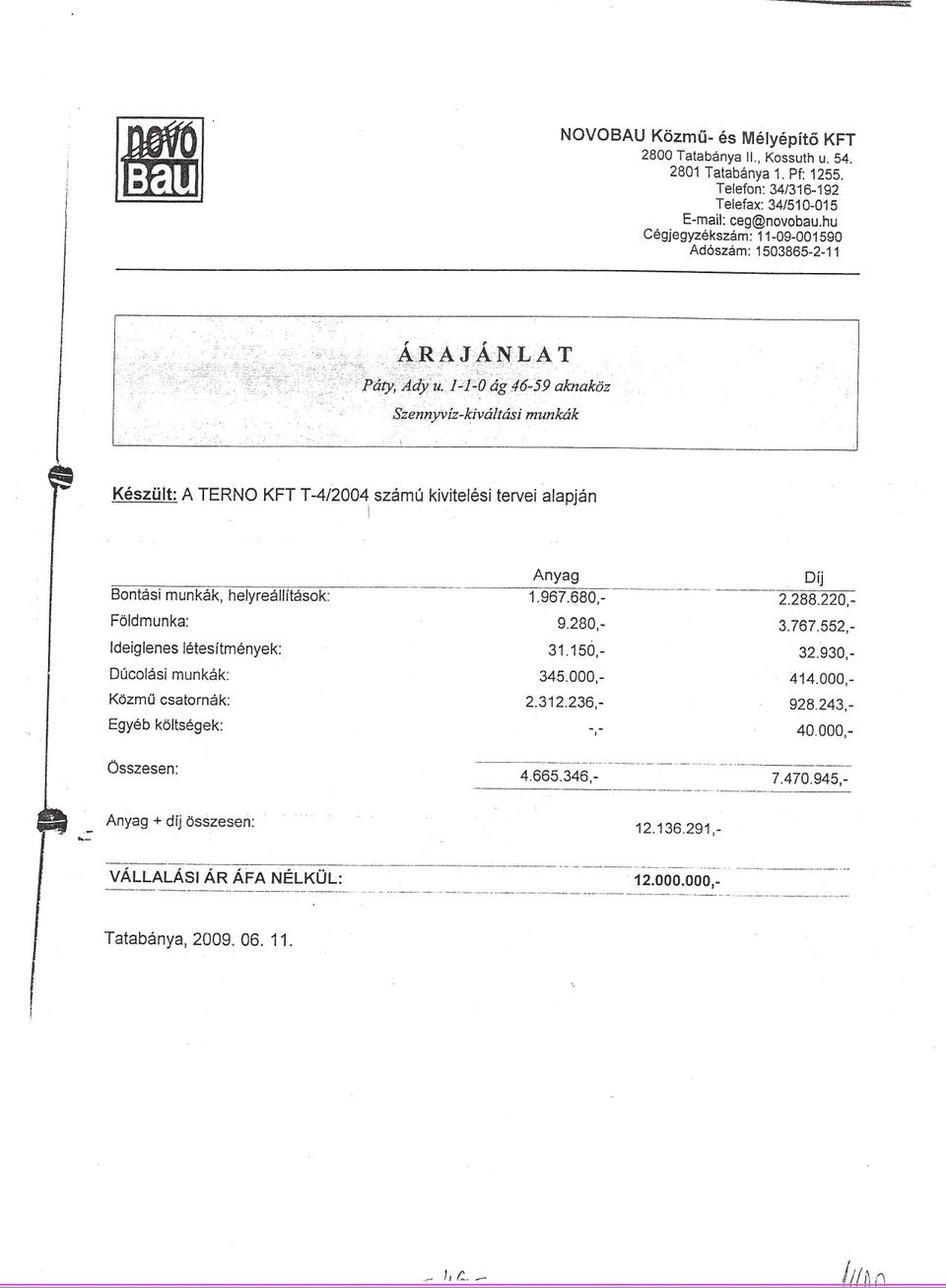 46-59 aknaköz Szenn)lvfz-kiváltási munkák Készült: A TERNO KFT T-4/2004 számú kivitelési tervei alapján Bontási munkák, helyreállítások: Földmunka: deiglenes létesítmények: Oúcolási munkák: Közmu