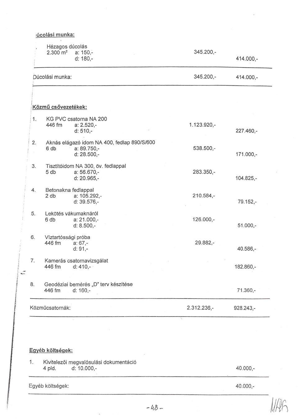 292,- csovezetékek: fedlappal NA próba idom 300, NA NA Öv. 200400, fedlappal fedlap 890/8/600 1.123.920,- 538.500,- 283.350,- 210.584,- 126.000,- 29.882,- 227.460,- 171.000,- 104.