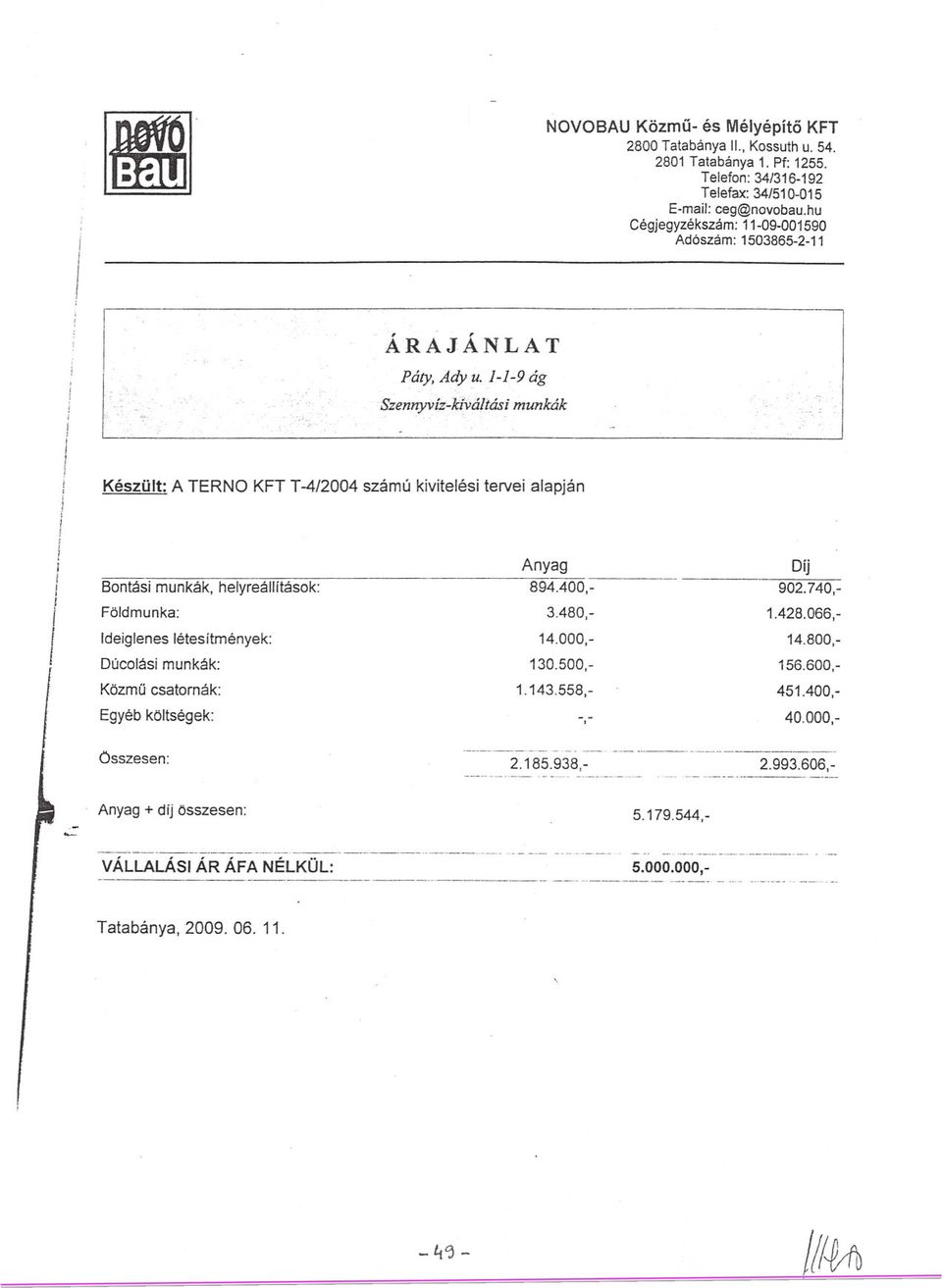 j Anyag Bontási munkák, helyreállítások: 894.400,-- ------ -- Földmunka: 3.480,- deiglenes létesítmények: 14.000,- Dúcolási munkák: 130.500,- Közmu csatornák: 1.143.