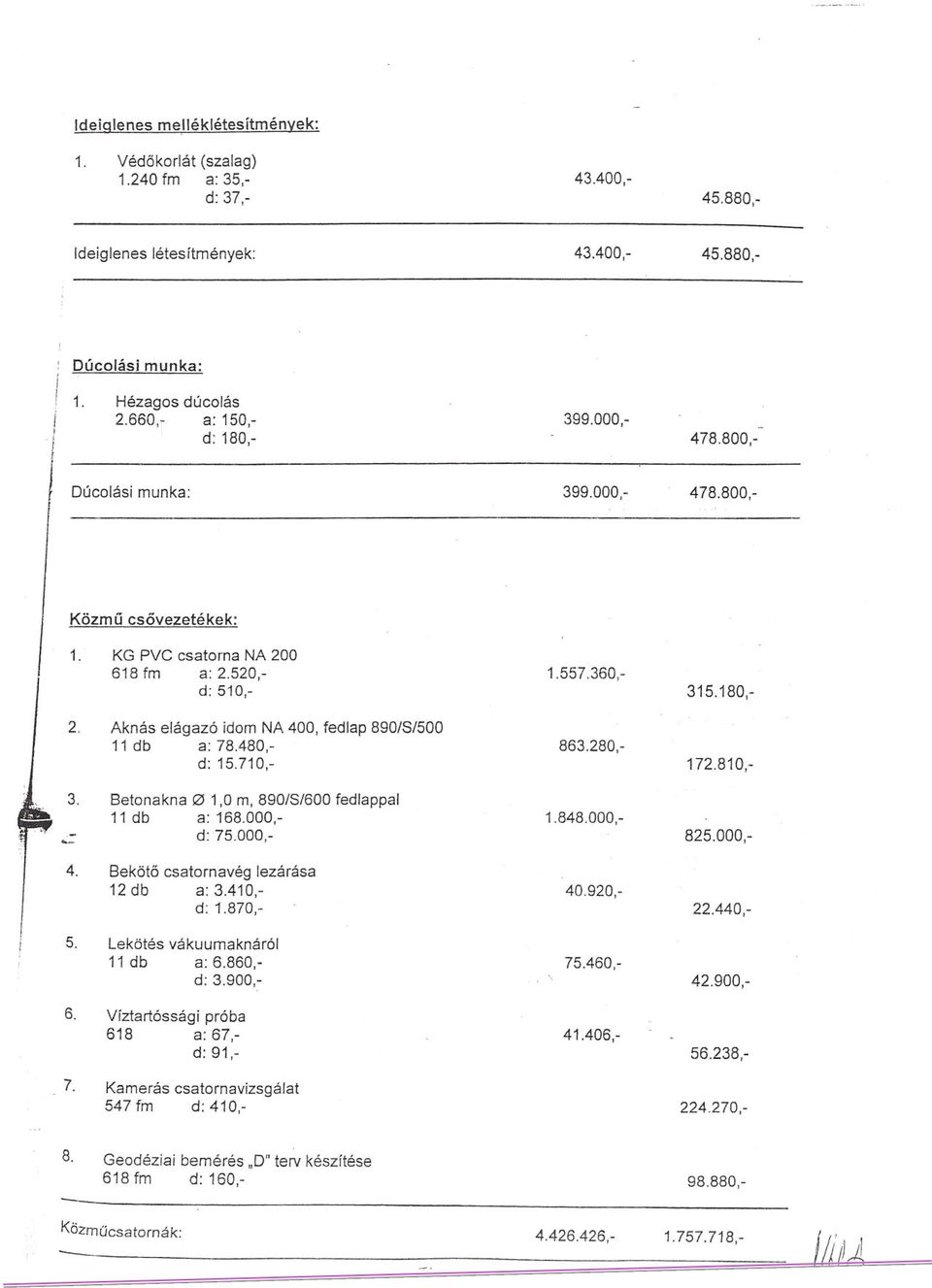 - KG Közmu PVC csovezetékek: NA 200 Geodéziai Víztartóssági Kamerás Aknás Lekötés Betonakna Beköto a: d: elágazó csatornavég vákuumaknáról 6.860,- 3.410,- 78.480,- 67,- 168.000,- 2.