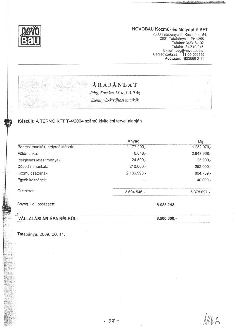 ftási munkák Készült: A TERNO KFT T-4/2004 számú kivitelési tervei alapján Bontási munkák, helyreállítások: Földmunka: deiglenes létesítmények: Dúcolási munkák: Közmu csatornák: Egyéb költségek: