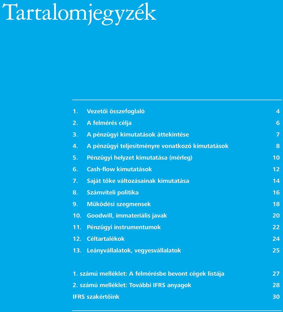 Saját tőke változásainak kimutatása 1. Számviteli politika 1. Működési szegmensek 1 1. Goodwill, immateriális javak 11.