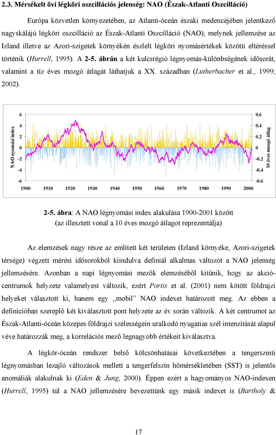 ábrán a két kulcsrégió légnyomás-különbségének idősorát, valamint a tíz éves mozgó átlagát láthatjuk a XX. században (Lutherbacher et al., 1999; 2002). NAO nyomási index 6 4 2 0-2 -4 0.6 0.4 0.2 0-0.