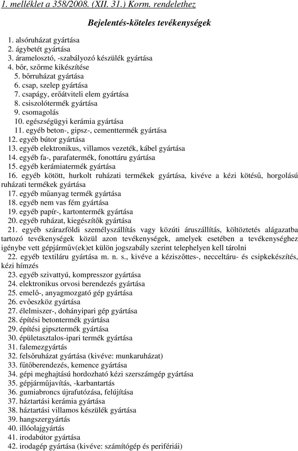 egyéb beton-, gipsz-, cementtermék gyártása 12. egyéb bútor gyártása 13. egyéb elektronikus, villamos vezeték, kábel gyártása 14. egyéb fa-, parafatermék, fonottáru gyártása 15.