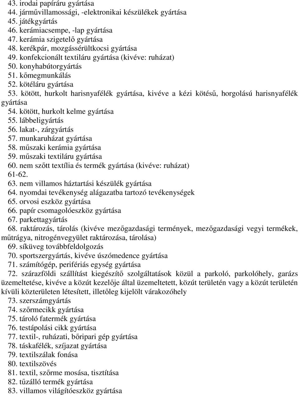 kötött, hurkolt harisnyafélék gyártása, kivéve a kézi kötésű, horgolású harisnyafélék gyártása 54. kötött, hurkolt kelme gyártása 55. lábbeligyártás 56. lakat-, zárgyártás 57.