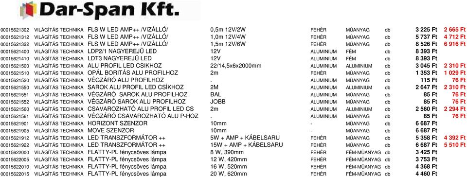 00015621410 VILÁGÍTÁS TECHNIKA LDT3 NAGYEREJÜ LED 12V ALUMINIUM FÉM db 8 393 Ft 00015621500 VILÁGÍTÁS TECHNIKA ALU PROFIL LED CSIKHOZ 22/14,5x6x2000mm ALUMINIUM ALUMINIUM db 3 045 Ft 2 310 Ft