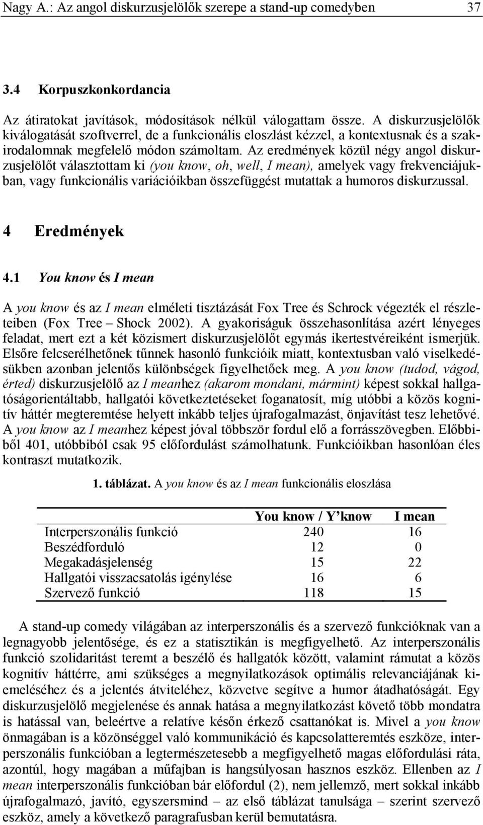 Az eredmények közül négy angol diskurzusjelölőt választottam ki (you know, oh, well, I mean), amelyek vagy frekvenciájukban, vagy funkcionális variációikban összefüggést mutattak a humoros