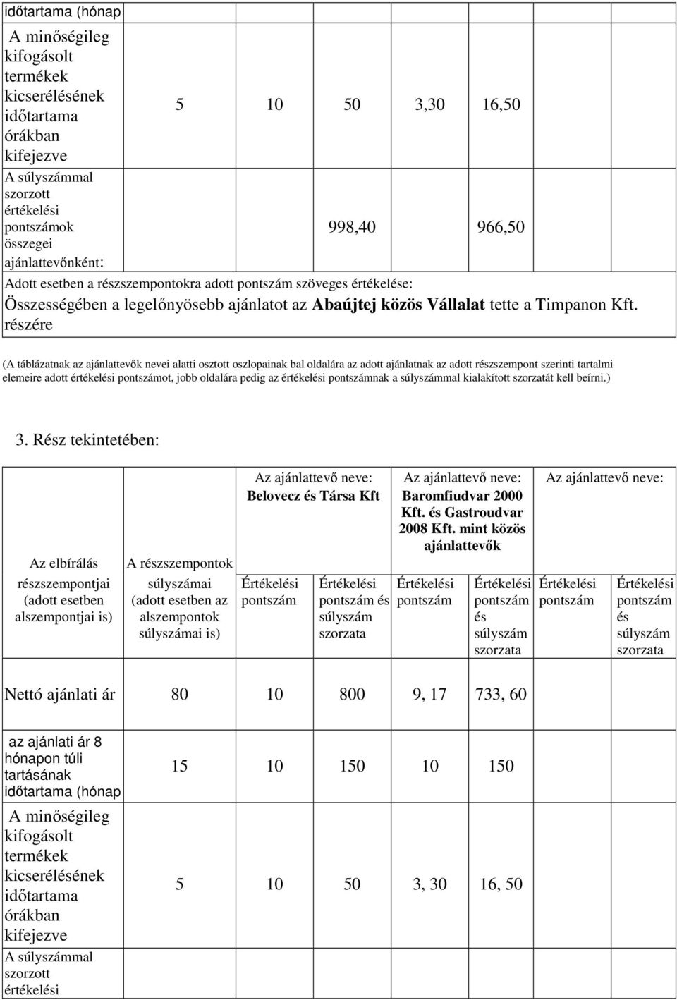 rzére (A táblázatnak az ajánlattevık nevei alatti osztott oszlopainak bal oldalára az adott ajánlatnak az adott rzszempont szerinti tartalmi elemeire adott értékeli ot, jobb oldalára pedig az