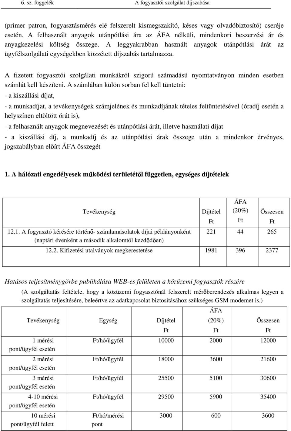 A leggyakrabban használt anyagok utánpótlási árát az ügyfélszolgálati egységekben közzétett díszabás tartalmazza.