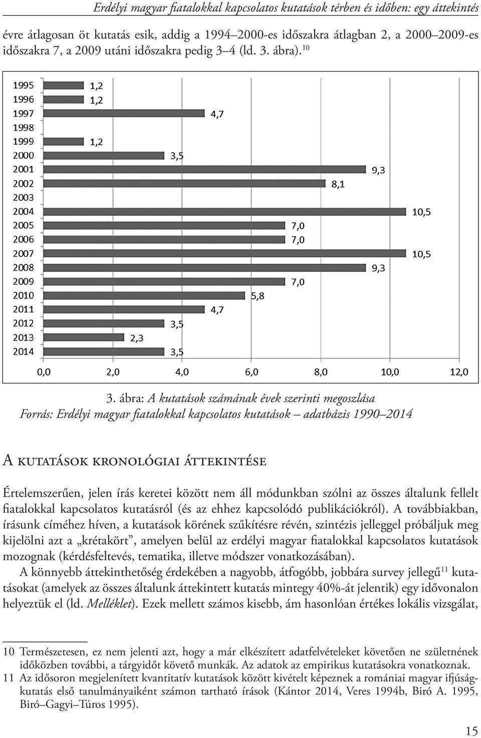 ábra: A kutatások számának évek szerinti megoszlása Forrás: Erdélyi magyar fiatalokkal kapcsolatos kutatások adatbázis 1990 2014 A kutatások kronológiai áttekintése Értelemszerűen, jelen írás keretei