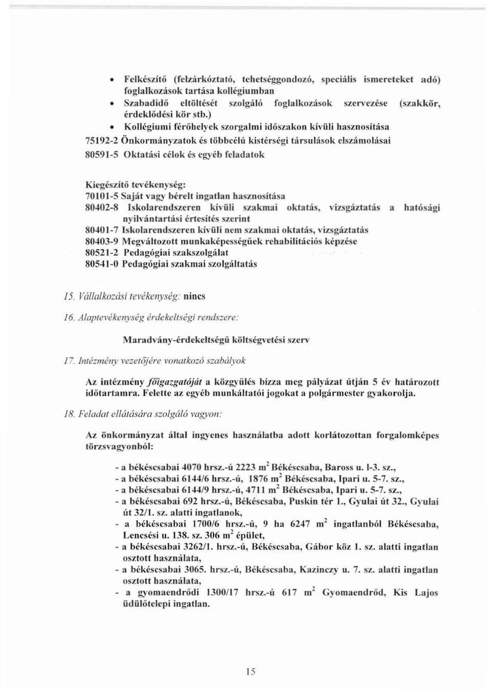 te,'ékenység: 70101-5 Saját vagy bérelt ingatlan hasznosítása 80402-8 Iskolarendszeren kívüli szakmai oktatás, vizsgáztatás a hatósági nyilvántartási értesítés szerint 80401-7 Iskolarendszeren kívüli