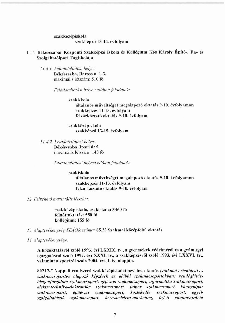 évfolyam szakközépiskol<t szakképző 13-15. évfolyam 11.4.2. Feladatellátási helye: Békéscsaba, Ipari út 5. maximális létszám: 140 fó Feladatellátási helyen ellátoajeladatok: 12.