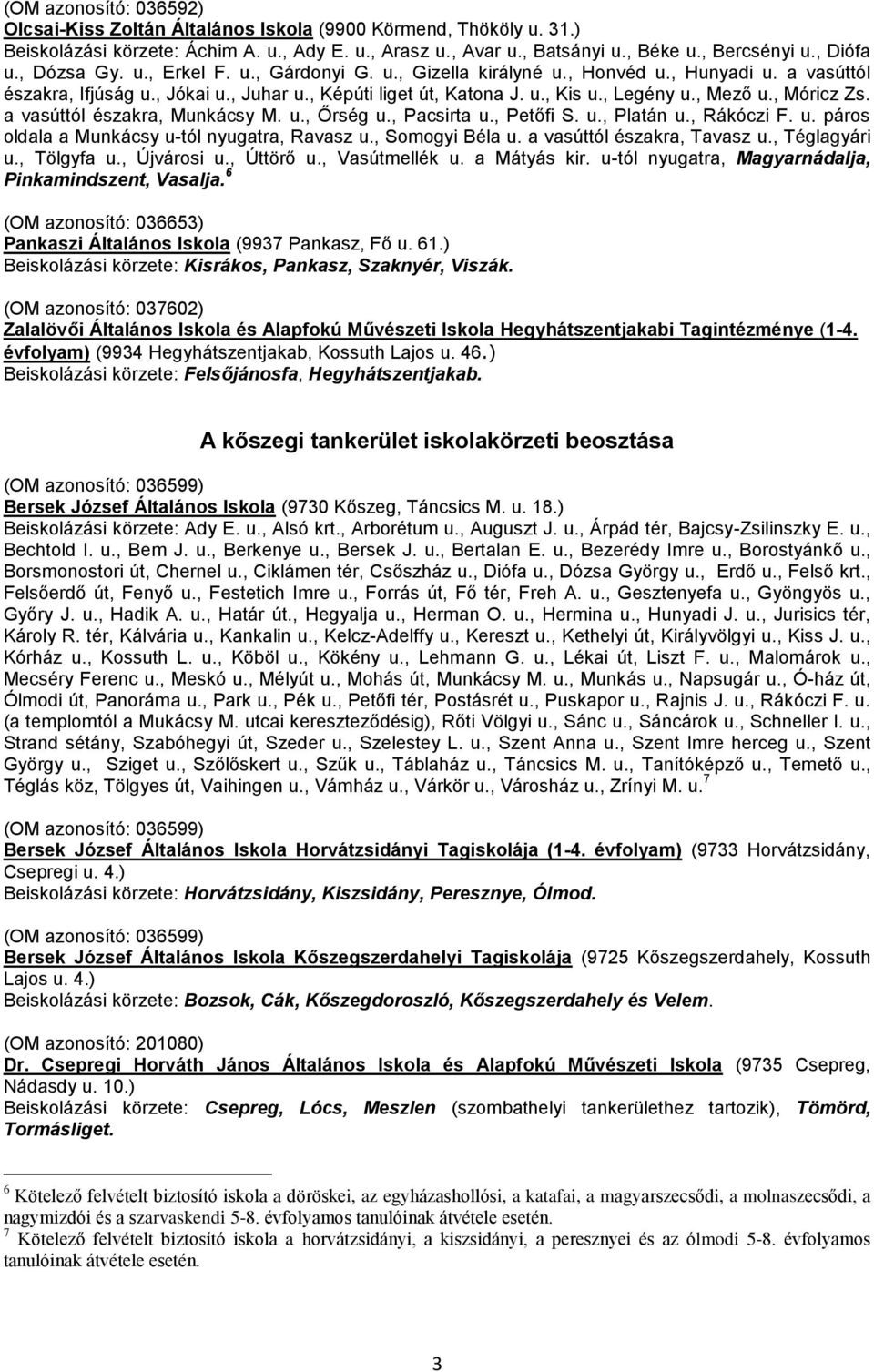 , Móricz Zs. a vasúttól északra, Munkácsy M. u., Őrség u., Pacsirta u., Petőfi S. u., Platán u., Rákóczi F. u. páros oldala a Munkácsy u-tól nyugatra, Ravasz u., Somogyi Béla u.