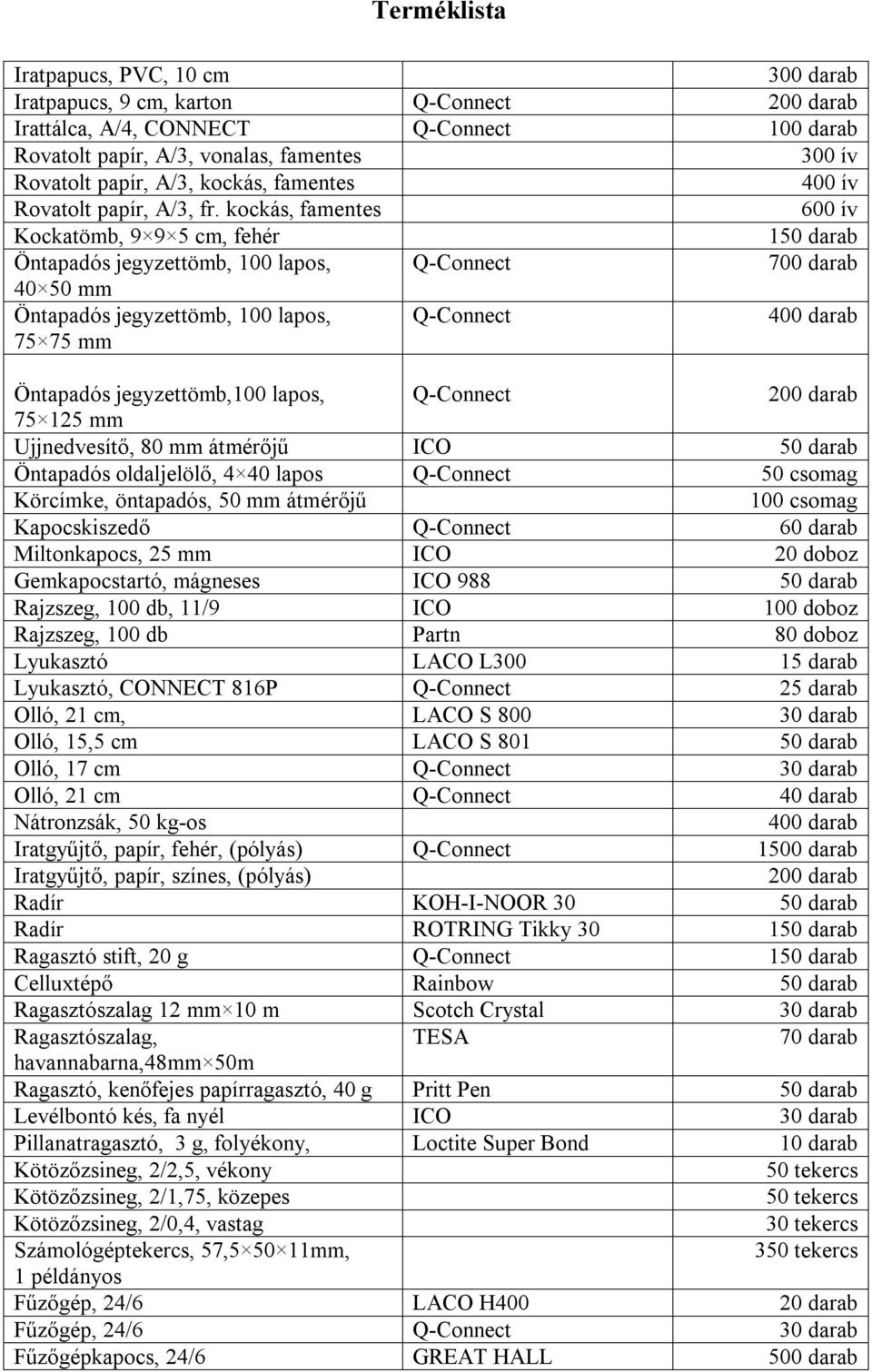 kockás, famentes 600 ív Kockatömb, 9 9 5 cm, fehér 1 Öntapadós jegyzettömb, 100 lapos, 700 darab 40 50 mm Öntapadós jegyzettömb, 100 lapos, 75 75 mm 400 darab Öntapadós jegyzettömb,100 lapos, 200