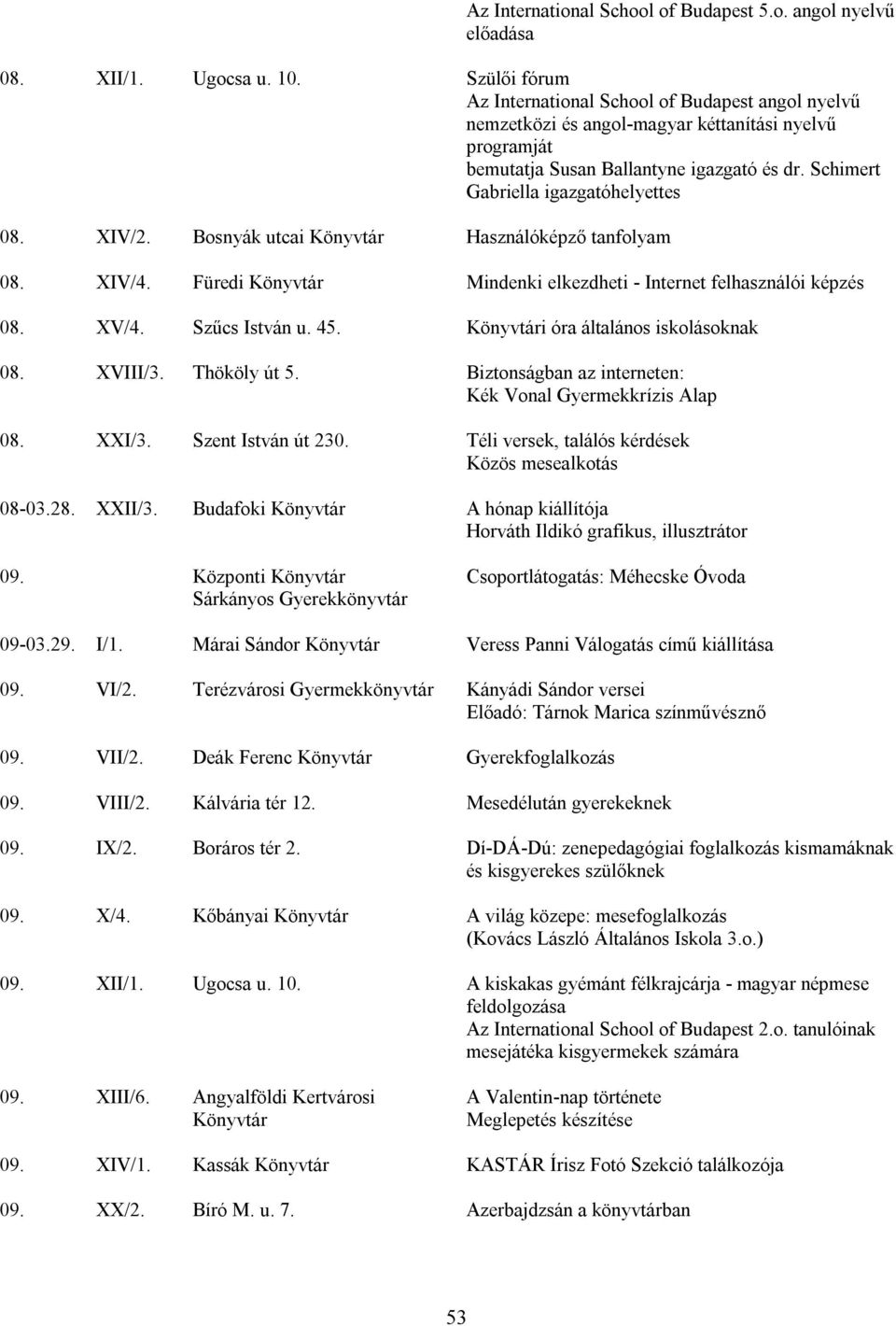 Schimert Gabriella igazgatóhelyettes 08. XIV/2. Bosnyák utcai Könyvtár Használóképző tanfolyam 08. XIV/4. Füredi Könyvtár Mindenki elkezdheti - Internet felhasználói képzés 08. XV/4. Szűcs István u.