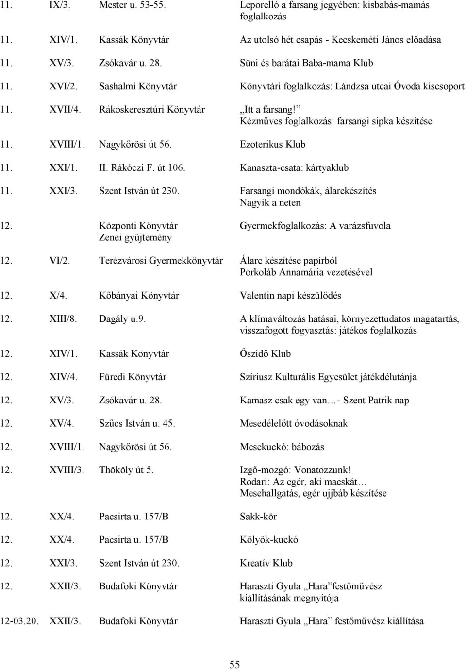 Kézműves foglalkozás: farsangi sipka készítése 11. XVIII/1. Nagykőrösi út 56. Ezoterikus Klub 11. XXI/1. II. Rákóczi F. út 106. Kanaszta-csata: kártyaklub 11. XXI/3. Szent István út 230.