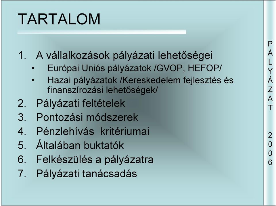 Hazai pályázatok /Kereskedelem fejlesztés és finanszírozási lehetőségek/.