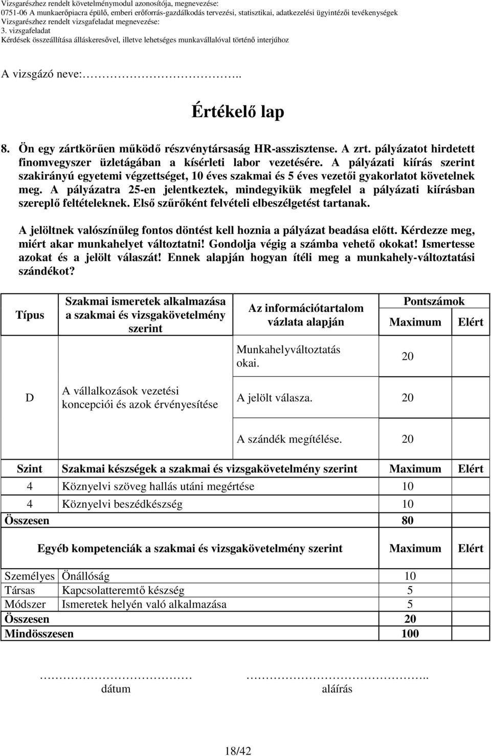 Típus Szakmai ismeretek alkalmazása a szakmai és vizsgakövetelmény szerint Az információtartalom vázlata alapján Pontszámok Maximum Elért Munkahelyváltoztatás okai.