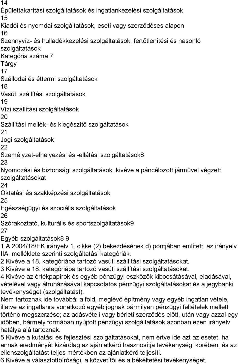 kiegészítő szolgáltatások 21 Jogi szolgáltatások 22 Személyzet-elhelyezési és -ellátási szolgáltatások8 23 Nyomozási és biztonsági szolgáltatások, kivéve a páncélozott járművel végzett