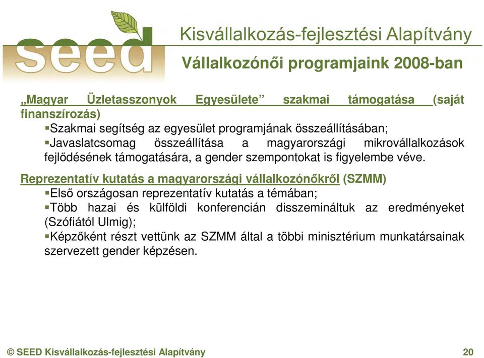 Reprezentatív kutatás a magyarországi vállalkozónőkről (SZMM) Első országosan reprezentatív kutatás a témában; Több hazai és külföldi konferencián disszemináltuk