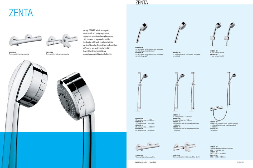 6080005-00 3S kézizuhany vízkő gyorstisztító funkcióval: normál, lágy, masszázssugár 6070005-00 2S kézizuhany vízkő gyorstisztító funkcióval: normál, lágysugár* 6060005-00 1S kézizuhany vízkő