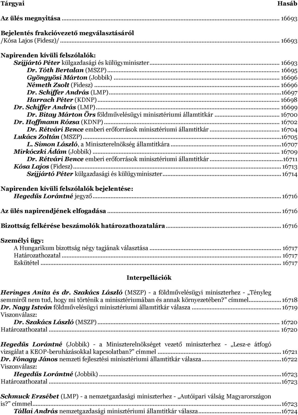 Bitay Márton Örs földművelésügyi minisztériumi államtitkár... 16700 Dr. Hoffmann Rózsa (KDNP)... 16702 Dr. Rétvári Bence emberi erőforrások minisztériumi államtitkár... 16704 Lukács Zoltán (MSZP).