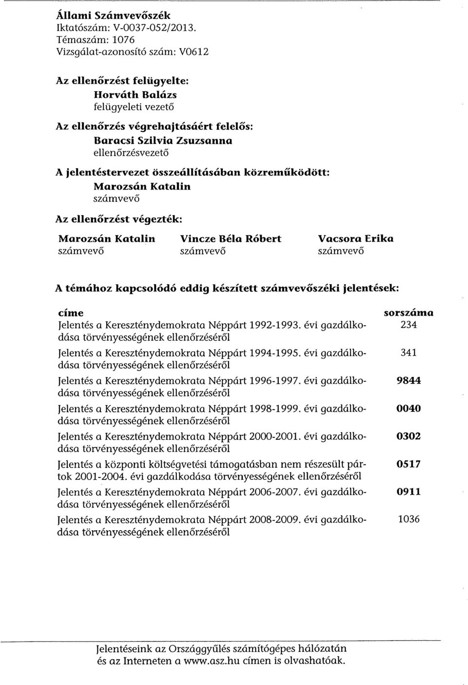 jelentéstervezet összeállításában közreműködött: Marozsán Katalin számvevő Az ellenőrzéstvégezték: Marozsán Katalin számvevő Vincze Béla Róbert számvevő Vacsora Erika számvevő A témához kapcsolódó