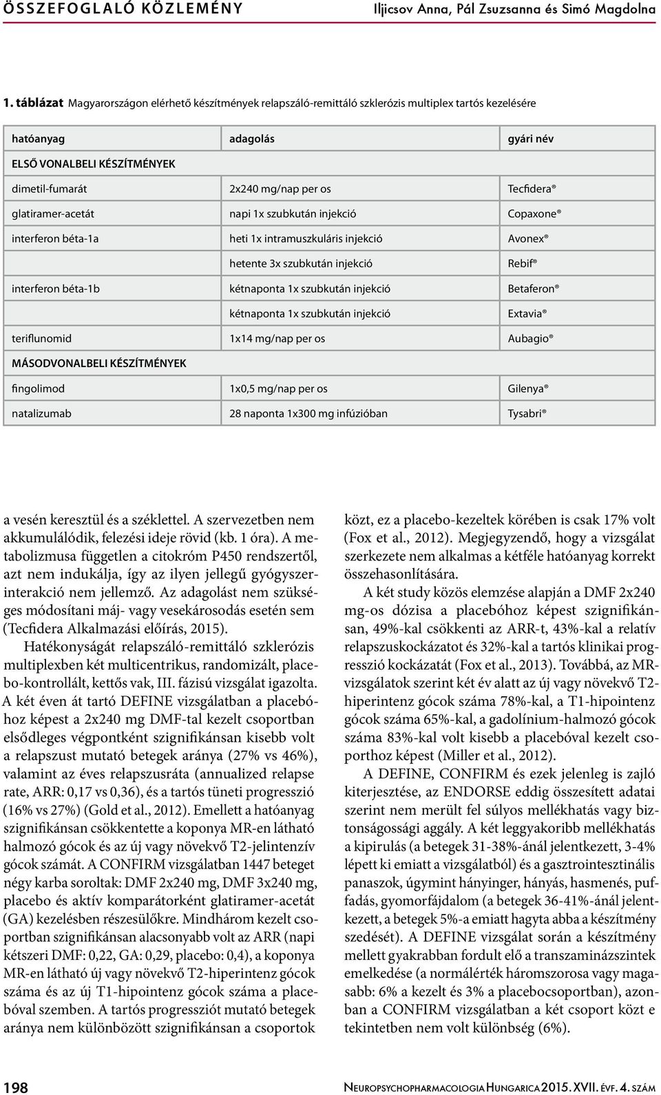 Tecfidera glatiramer-acetát napi 1x szubkután injekció Copaxone interferon béta-1a heti 1x intramuszkuláris injekció Avonex hetente 3x szubkután injekció Rebif interferon béta-1b kétnaponta 1x